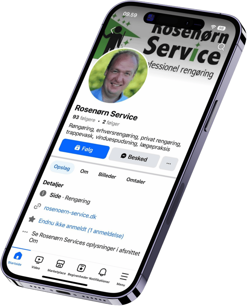 Rosenørn Service Facebook-side på smartphone-skærm